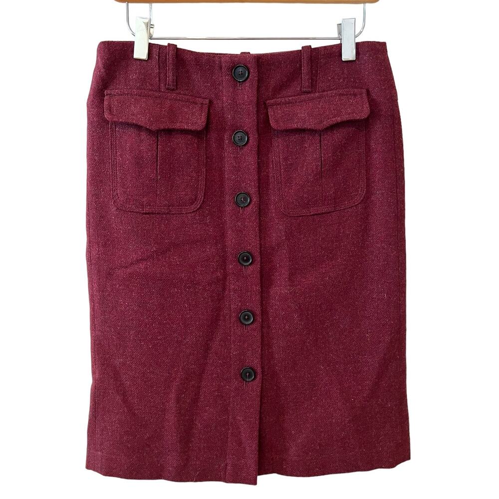 Burberry Red Wool Button Front Military Style Tweed Pencil Skirt 4